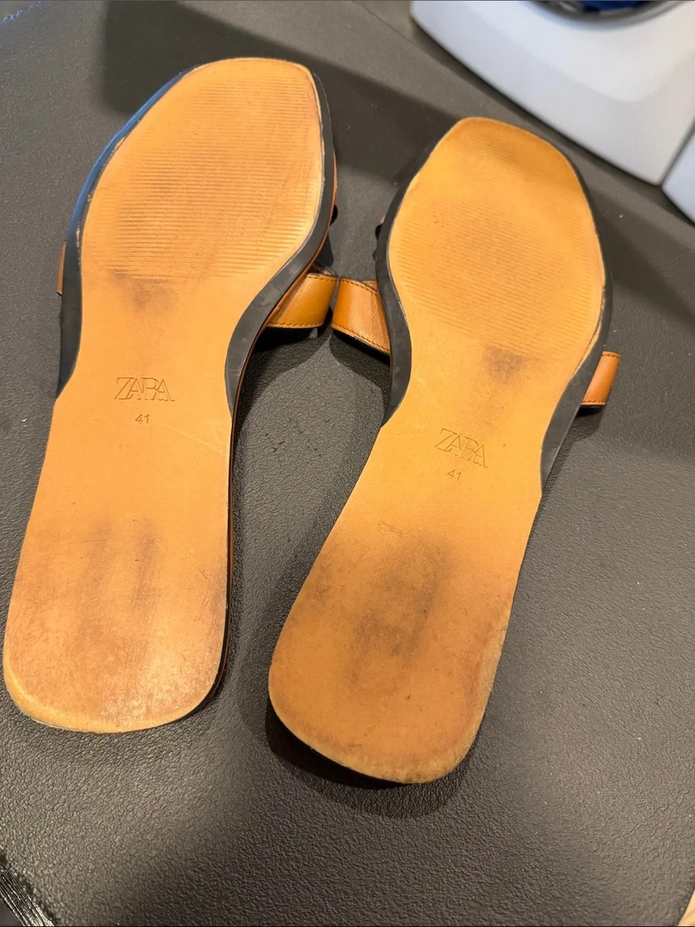 Zara Cognac Leather Slide Sandals with Gold Buckle Detail - Picture 4 of 4